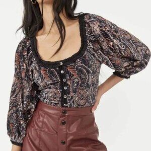 Free People Dare Me Velvet Paisley Smocked Blouse OB1368290